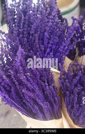 Bellissimi bouquet di lavanda pronti per la vendita in un mercato Foto Stock