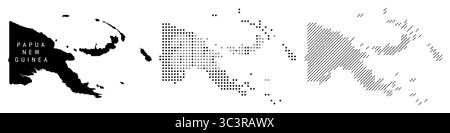 Papua nuova Guinea mappa dettagliata della silhouette, tratteggiata e linee parallele inclinate. Mappa stilizzata con trama papuana. illustrazione isolata su wh Foto Stock