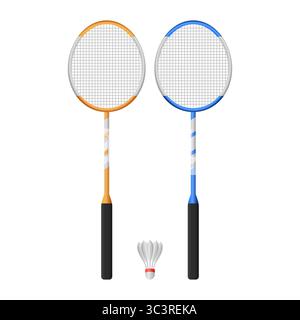 Racchette da badminton e rubinetti per sport al coperto. Due Badminton Rackets e ShuttleCocks su sfondo bianco. Illustrazione Vettoriale