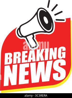 Striscione di notizie con Megaphone – etichetta di annuncio vettoriale per notizie urgenti, eventi e avvisi di lancio Illustrazione Vettoriale