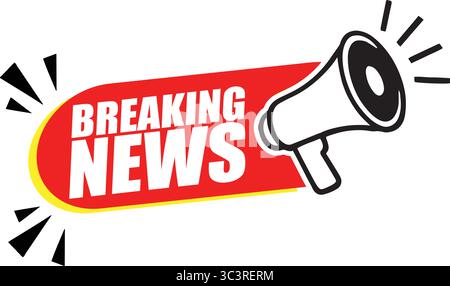 Striscione di notizie con Megaphone – etichetta di annuncio vettoriale per notizie urgenti, eventi e avvisi di lancio Illustrazione Vettoriale