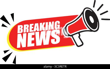 Striscione di notizie con Megaphone – etichetta di annuncio vettoriale per notizie urgenti, eventi e avvisi di lancio Illustrazione Vettoriale