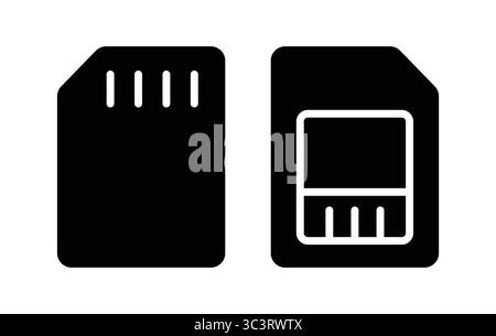 Semplice illustrazione vettoriale in bianco e nero di una scheda micro SD, adatta per supporti digitali ed elettronici, che rappresenta la funzione di archiviazione e trasferimento dati Illustrazione Vettoriale