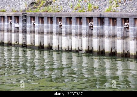 Parete di contenimento in calcestruzzo con parete in lamiera arrugginita che si riflette nell'acqua verde di un fiume o di un canale, fornendo un flusso d'acqua sicuro e accessibile Foto Stock