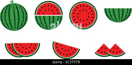 Anguria intera con pelle, metà anguria, fetta rotonda, 2 metà e un unico pezzo, perfetto per frutta estiva, cibo sano, design estivo tropicale. Illustrazione Vettoriale