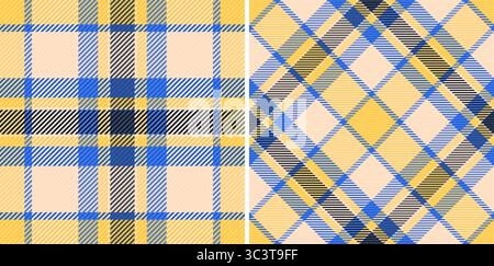 Vivaci motivi a quadri gialli e blu. Due design in tessuto senza cuciture, uno classico, uno diagonale. Perfetto per la moda, l'arredamento della casa o lo sfondo di siti Web. Illustrazione Vettoriale