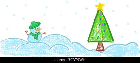 Colorato una allegra scena natalizia con un albero di Natale decorato con una stella in tessuto stile cera. Carino e divertente pupazzo di neve. Cartone animato Kawaii ideale per Illustrazione Vettoriale