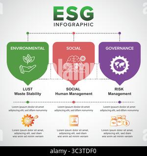 Reporting ESG aziendale: Imprenditrice che analizza dati ambientali e sociali e fattori ambientali, sociali e di governance con icone colorate Illustrazione Vettoriale