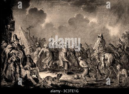 Gli sciocchi hanno il maggior numero di Fun1661 del XVII secolo di Adriaen Pietersz. Van de Venne Groeningemuseum, museo municipale, Bruges, Belgio, fiammingo, ( Grisaille raffigura un gruppo di uomini e donne danzanti. In primo piano a sinistra ci sono i musicisti che accompagnano, con gurdy e flauto. Sulla destra, un gruppo di persone si avvicina, incluso un cavaliere su un asino al quale è legato un gatto morto. In passato, questa scena era interpretata come un sabato delle streghe ) Foto Stock