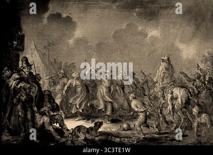 Gli sciocchi hanno il maggior numero di Fun1661 del XVII secolo di Adriaen Pietersz. Van de Venne Groeningemuseum, museo municipale, Bruges, Belgio, fiammingo, ( Grisaille raffigura un gruppo di uomini e donne danzanti. In primo piano a sinistra ci sono i musicisti che accompagnano, con gurdy e flauto. Sulla destra, un gruppo di persone si avvicina, incluso un cavaliere su un asino al quale è legato un gatto morto. In passato, questa scena era interpretata come un sabato delle streghe ) Foto Stock