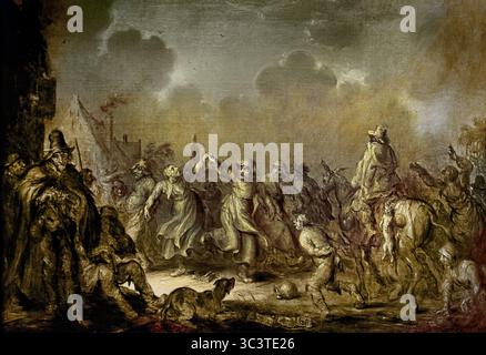 Gli sciocchi hanno il maggior numero di Fun1661 del XVII secolo di Adriaen Pietersz. Van de Venne Groeningemuseum, museo municipale, Bruges, Belgio, fiammingo, ( Grisaille raffigura un gruppo di uomini e donne danzanti. In primo piano a sinistra ci sono i musicisti che accompagnano, con gurdy e flauto. Sulla destra, un gruppo di persone si avvicina, incluso un cavaliere su un asino al quale è legato un gatto morto. In passato, questa scena era interpretata come un sabato delle streghe ) Foto Stock