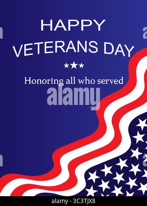 Biglietto d'auguri per la celebrazione del Veterans Day degli Stati Uniti con un'illustrazione a forma di vettore della bandiera nazionale americana Illustrazione Vettoriale