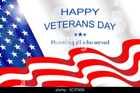 Biglietto celebrativo per il Veterans Day DEGLI STATI UNITI con un'illustrazione vettoriale della bandiera degli Stati Uniti Illustrazione Vettoriale