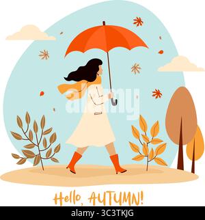 Elegante ragazza autunnale in impermeabile sotto foglie d'acero cadenti con ombrello rosso. Salve, biglietto d'autunno. Paesaggio autunnale con alberi e cespugli. Vettore Illustrazione Vettoriale