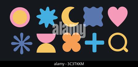 Forma y2k Bauhaus cerchio astratto croce più cuore della luna sole a mezzaluna per una grafica divertente. Funziona per elementi colorati morbidi e interfacce pulite Illustrazione Vettoriale