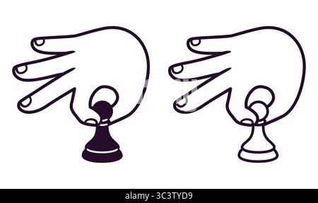 Mano dei cartoni animati che si muove con una pedina bianca e nera degli scacchi. Icona o logo di gioco degli scacchi. Illustrazione grafica clip vettoriale. Illustrazione Vettoriale