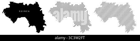 Mappa dettagliata della silhouette della Guinea, modello tratteggiato e schema delle linee parallele inclinate. Mappa stilizzata della Repubblica di Guinea. illustrazione isolata su Foto Stock