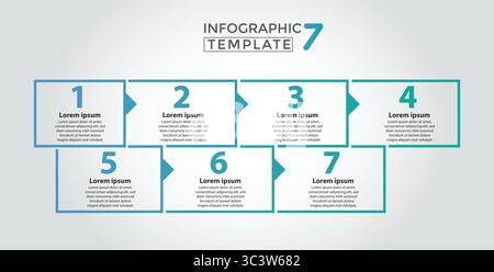 7, modello di progettazione del processo infografico. Concetto della sequenza temporale con 7 fasi del processo. Può essere utilizzato per layout del flusso di lavoro, presentazione, diagramma, banner, vettore Illustrazione Vettoriale