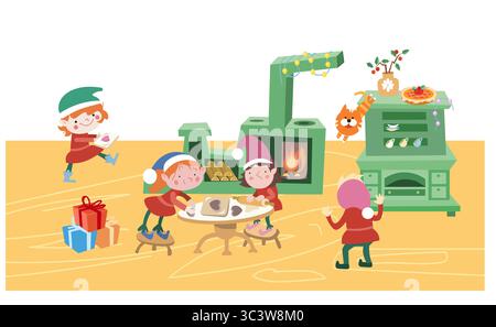 Gli elfi si stanno preparando per Natale. Capodanno e vacanze invernali. Scena dei bambini per il design. Illustrazione vettoriale. Illustrazione Vettoriale