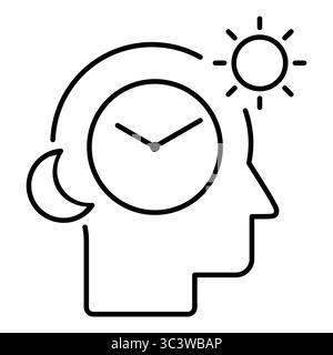 Icona della linea del ritmo circadiano. Testa con orologio, sole e luna. regolazione del sonno, insonnia. programma di 24 ore influenzato dalla luce e dal buio. Vettore Illustrazione Vettoriale