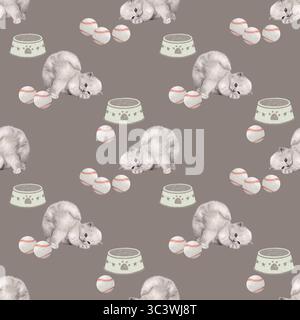 Motivo ad acquerello senza cuciture per i gattini giocosi Foto Stock