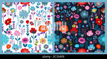 Fiori da giardino, piante, botanico, disegno vettoriale senza cuciture per moda, tessuti, carta da parati su sfondo scuro e chiaro. Schema carino Illustrazione Vettoriale