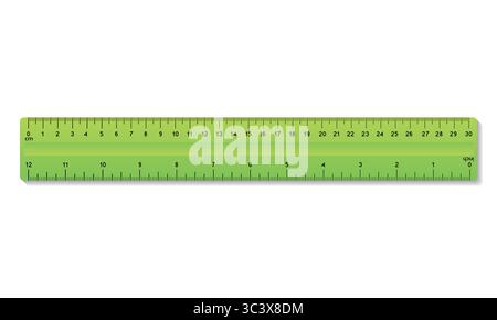strumento di misurazione righello da 30 centimetri e 12 pollici con scala numerica. Ritorno a scuola righello di misurazione in stile piatto e ombra Illustrazione Vettoriale