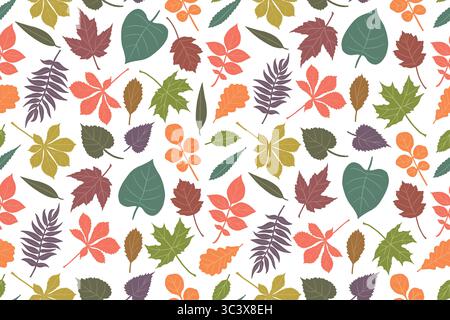 Foglie di alberi cadenti come quercia, acero, castagno. Set di foglie autunnali semplici, gialle, rosse e arancioni per motivi, striscioni, adesivi, cartoncino. Illustrazione vettoriale piatta su W Illustrazione Vettoriale