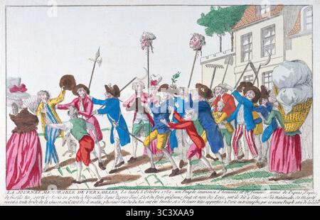 La journée mémorable de Versailles, le lundi 5 octobre 1789. La memorabile giornata di Versailles, lunedì 5 ottobre 1789, un immenso popolo di uomini e donne, armato di picche, spade, fucili, lasciò Parigi e si recò a Versailles nel pomeriggio, è il pane di cui abbiamo bisogno e non le leggi, incisione colorata a mano della rivoluzione francese del XVIII secolo Foto Stock