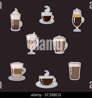 Set di adesivi Vector per bevande al caffè, tra cui americano, cappuccino, espresso, latte, mochaccino, Flat White, Irish Coffee e Glace. Doodle st Illustrazione Vettoriale