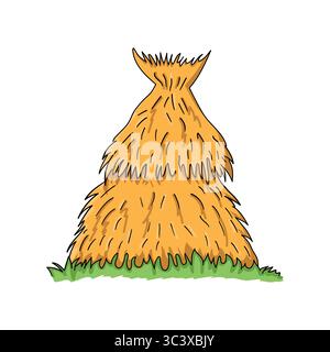 Illustrazione vettoriale di alta qualità di un piolo di fieno di cartoni animati legato in alto, posizionato su erba verde. Le tonalità dorate brillanti e il contorno nero pulito lo rendono Illustrazione Vettoriale