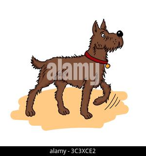 Fiero purosangue terrier per una passeggiata. Cane da cartoni animati con una medaglia d'oro intorno al collo. Illustrazione vettoriale disegnata a mano con contorno nero isolato su wh Illustrazione Vettoriale