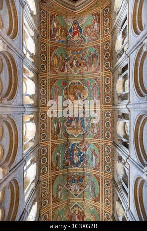 Ely Cathedral, una cattedrale anglicana nel Cambridgeshire, Inghilterra. La cattedrale ha uno stile romanico e gotico, una torre ottagonale centrale e un campanile Foto Stock