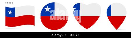 Bandiera cilena ondulata, badge adesivo circolare, icona a forma di cuore, spilla della mappa. Bottoni della bandiera cilena di forme diverse. illustrazione isolata su bianco. Foto Stock
