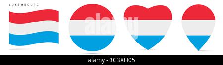 Bandiera lussemburghese, badge adesivo circolare, icona a forma di cuore, spilla della mappa. Bottoni bandiera lussemburghese di forme diverse. illustrazione isolata Foto Stock