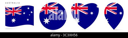 Bandiera australiana ondulata, badge adesivo circolare, icona a forma di cuore, spilla della mappa. Bottoni bandiera australiana di forme diverse. illustrazione isolata su w. Foto Stock
