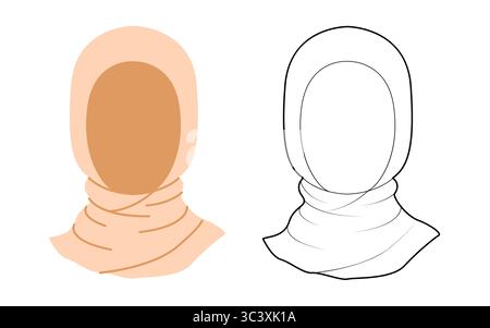 Sciarpa con cappello hijab. Illustrazione tecnica dell'abbigliamento per cappellino accessorio Muslim Head Fashion. Copricapo vettoriale per uomo, donna, stile unisex, modello piatto CAD mockup contorno di schizzo isolato Illustrazione Vettoriale