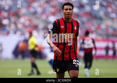 26 luglio 2025; East Rutherford, New Jersey, Stati Uniti; il difensore dell'AFC Bournemouth James Hill (23) reagisce durante un'amichevole internazionale tra l'Everton FC e l'AFC Bournemouth al MetLife Stadium. (Ariel Fox/ immagine dello sport) Foto Stock