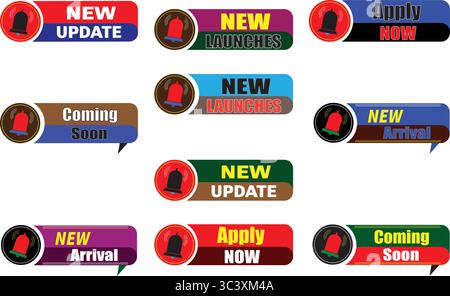 Set vettoriale di etichette promozionali multistile che include nuovi tag di lancio, aggiornamento e arrivo Illustrazione Vettoriale
