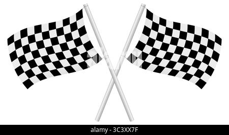 Due bandiere incrociate. Bandiera da corsa a scacchi. Illustrazione vettoriale realistica 3D isolata su bianco. Illustrazione Vettoriale