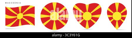 Bandiera della Macedonia, badge adesivo circolare, icona a forma di cuore, spilla della mappa. Bottoni della bandiera macedone di forme diverse. Illustrazione vettoriale isolata Illustrazione Vettoriale