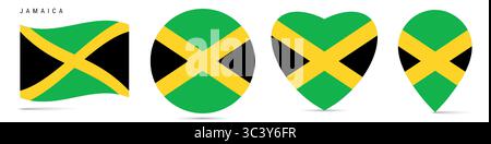 Bandiera giamaicana, badge adesivo circolare, icona a forma di cuore, spilla della mappa. Bottoni bandiera giamaicana di forme diverse. Illustrazione vettoriale isolata o Illustrazione Vettoriale