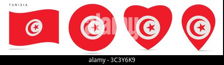 Bandiera della Tunisia ondulata, badge adesivo circolare, icona a forma di cuore, spilla della mappa. Bottoni della bandiera tunisina di forme diverse. Illustrazione vettoriale isolata o Illustrazione Vettoriale