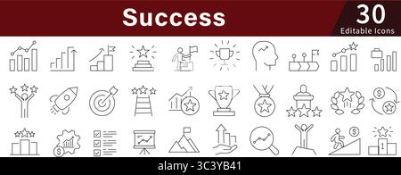 Icone della linea di successo modificabili impostate per obiettivi di raggiungimento, business, crescita e vincitore Illustrazione Vettoriale