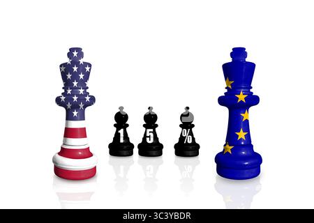 Scacchi fatti con bandiere UE e USA. Le tariffe dell'Unione europea e degli Stati Uniti, il commercio, la guerra doganale Foto Stock