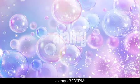 Sfondo da sogno iridescente con effetti scintillanti - bolle di sapone galleggianti in sfumatura blu pastello e viola, riflessi di luce magici per presentazioni di prodotti di bellezza e design di lavanderia. Illustrazione Vettoriale