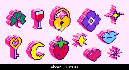 Icone di pixel art isometriche in stile 3d: Lucchetto giallo e cuore rosso, trifoglio verde e fragola, labbra e chiave dorata, bicchiere da vino, mezzaluna e stella scintillanti per elementi di design rétro dell'interfaccia di gioco. Illustrazione Vettoriale