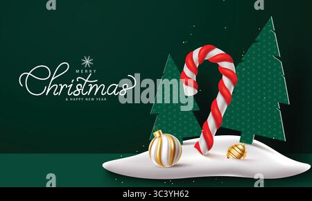 Candy cane festivo e alberi di Natale con ornamenti su Snowy Ground Holiday Season Clipart Illustrazione Vettoriale
