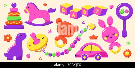 Un set di simpatici giocattoli per bambini ed elementi dipinti con colori neon brillanti. La confezione contiene sonaglino, piramide, auto, succhietto, dinosauro e cubi. Illustrazione Vettoriale
