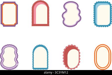 Arco funky retrò e cornici geometriche. Forme geometriche vintage. Set di divertenti colori vintage con bordi a capesante. Caselle di testo ovali, rettangolari Illustrazione Vettoriale